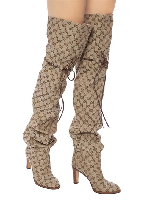 gucci boots pearls on heel|Gucci monogram thigh high boots.